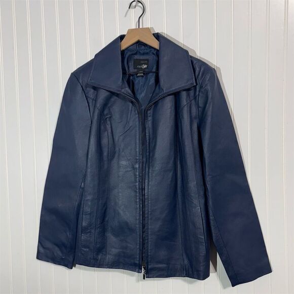 East 5th Genuine Leather Jacket Women’s L Navy Blue Zip Front Nappa Pigskin Moto - Picture 1 of 11